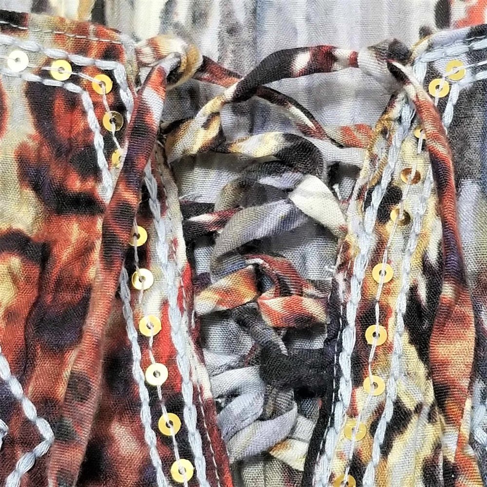 Top, Blouse. Blue, Brown, Rust Multi Pattern. Embroidered. Size 1X. - Picture 12 of 16